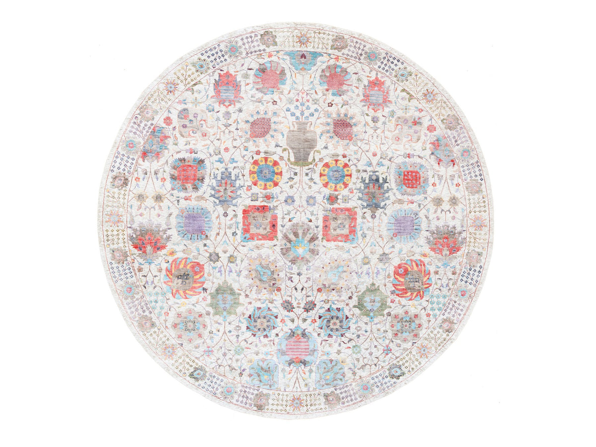 Tabriz Transitional hand-knotted wool/silk rug in Ivory, 12'2" x 12'2" — SKU O062274