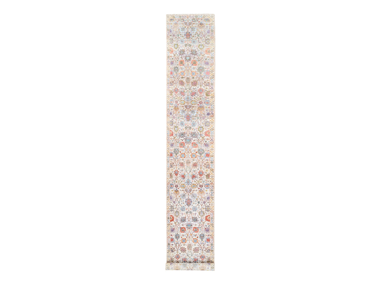 Tabriz Transitional hand-knotted wool/silk runner in Ivory, 2'6" x 16'1" — SKU O062288