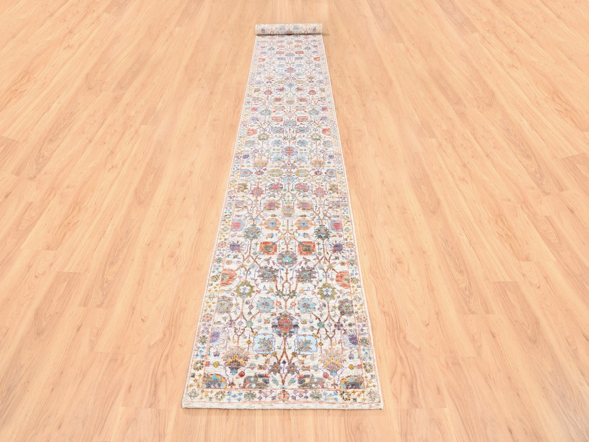 Tabriz Transitional hand-knotted wool/silk runner in Ivory, 2'6" x 16'1" — SKU O062288 (view 2)