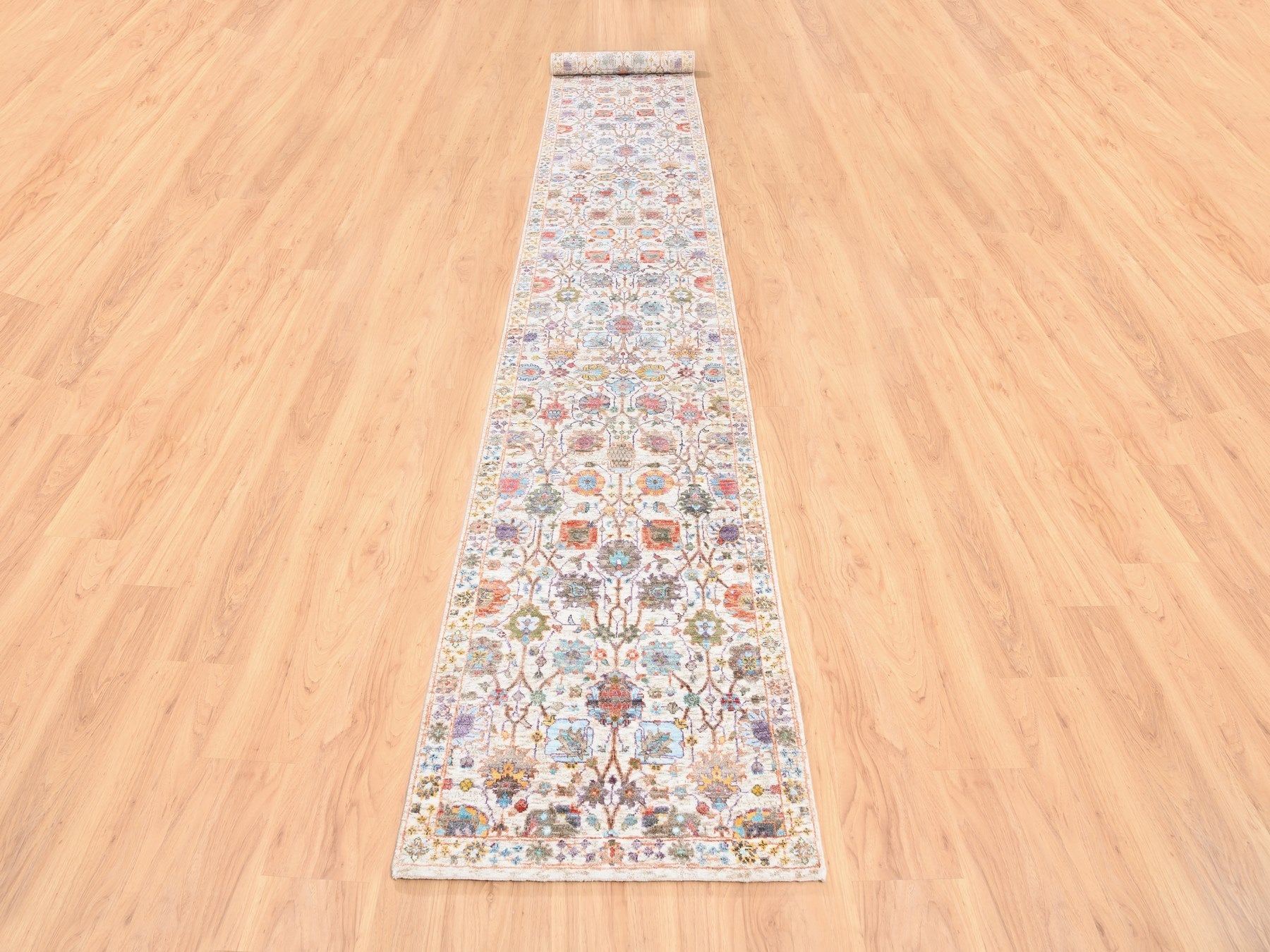 Tabriz Transitional hand-knotted wool/silk runner in Ivory, 2'6" x 16'1" — SKU O062288 (view 2)