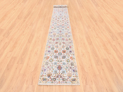 Tabriz Transitional hand-knotted wool/silk runner in Ivory, 2'6" x 16'1" — SKU O062288 (view 2)
