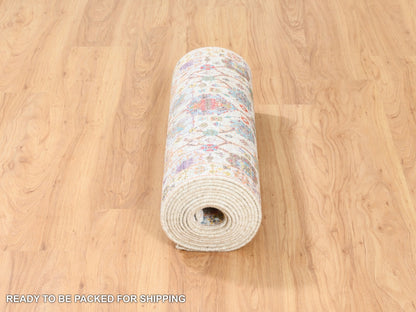 Ivory 2'6" x 16'1" Transitional Hand knotted Wool/Silk Rug - Sku: O062288