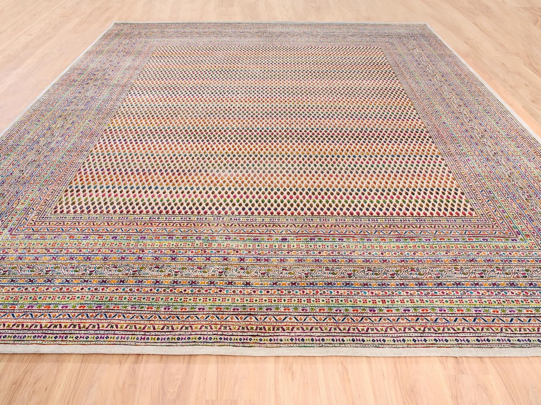 Sarouk Modern / Contemporary hand-knotted wool/sari silk rug in Beige, 13'10" x 14' — SKU O062305 (view 2)