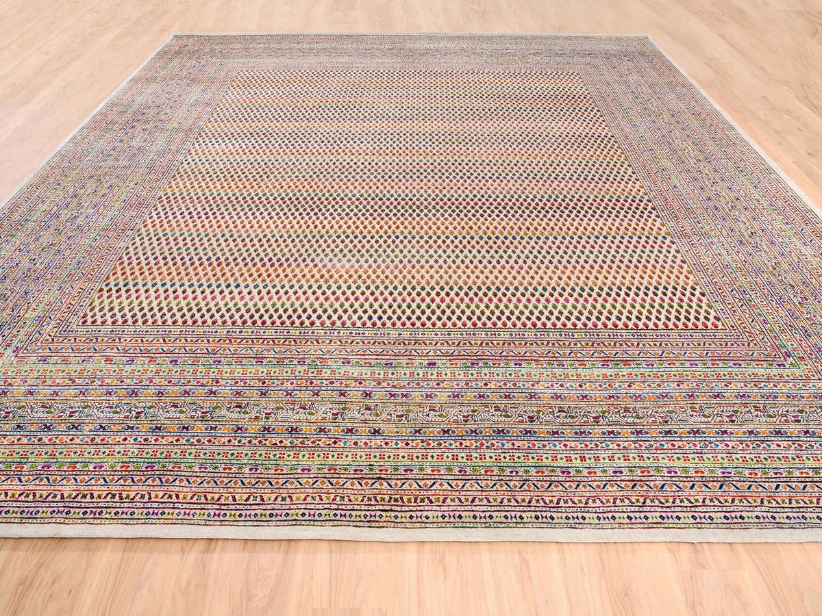 Sarouk Modern / Contemporary hand-knotted wool/sari silk rug in Beige, 13'10" x 14' — SKU O062305 (view 2)