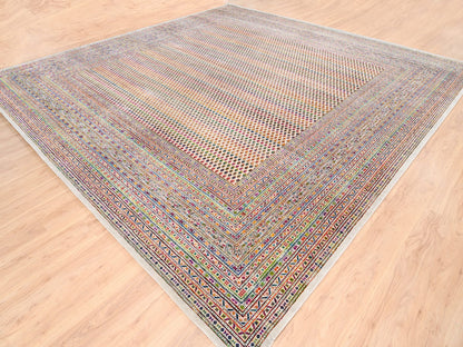 Sarouk Modern / Contemporary hand-knotted wool/sari silk rug in Beige, 13'10" x 14' — SKU O062305 (view 3)