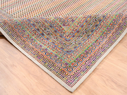 Sarouk Modern / Contemporary hand-knotted wool/sari silk rug in Beige, 13'10" x 14' — SKU O062305 (view 6)