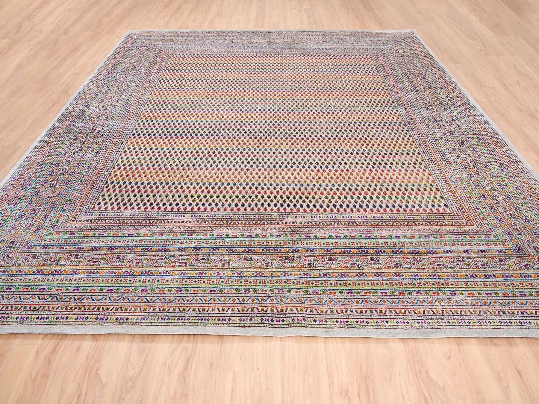 Sarouk Modern / Contemporary hand-knotted wool/sari silk rug in Beige, 11'10" x 12' — SKU O062311 (view 2)
