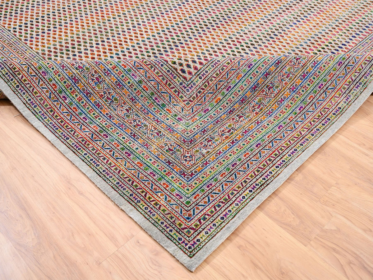 Sarouk Modern / Contemporary hand-knotted wool/sari silk rug in Beige, 11'10" x 12' — SKU O062311 (view 6)