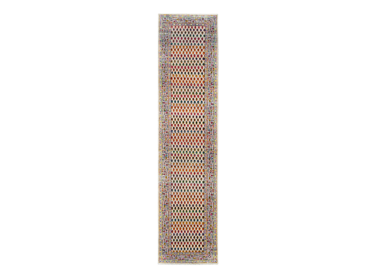 Sarouk Modern / Contemporary hand-knotted wool/sari silk runner in Beige, 2'4" x 10'2" — SKU O062330