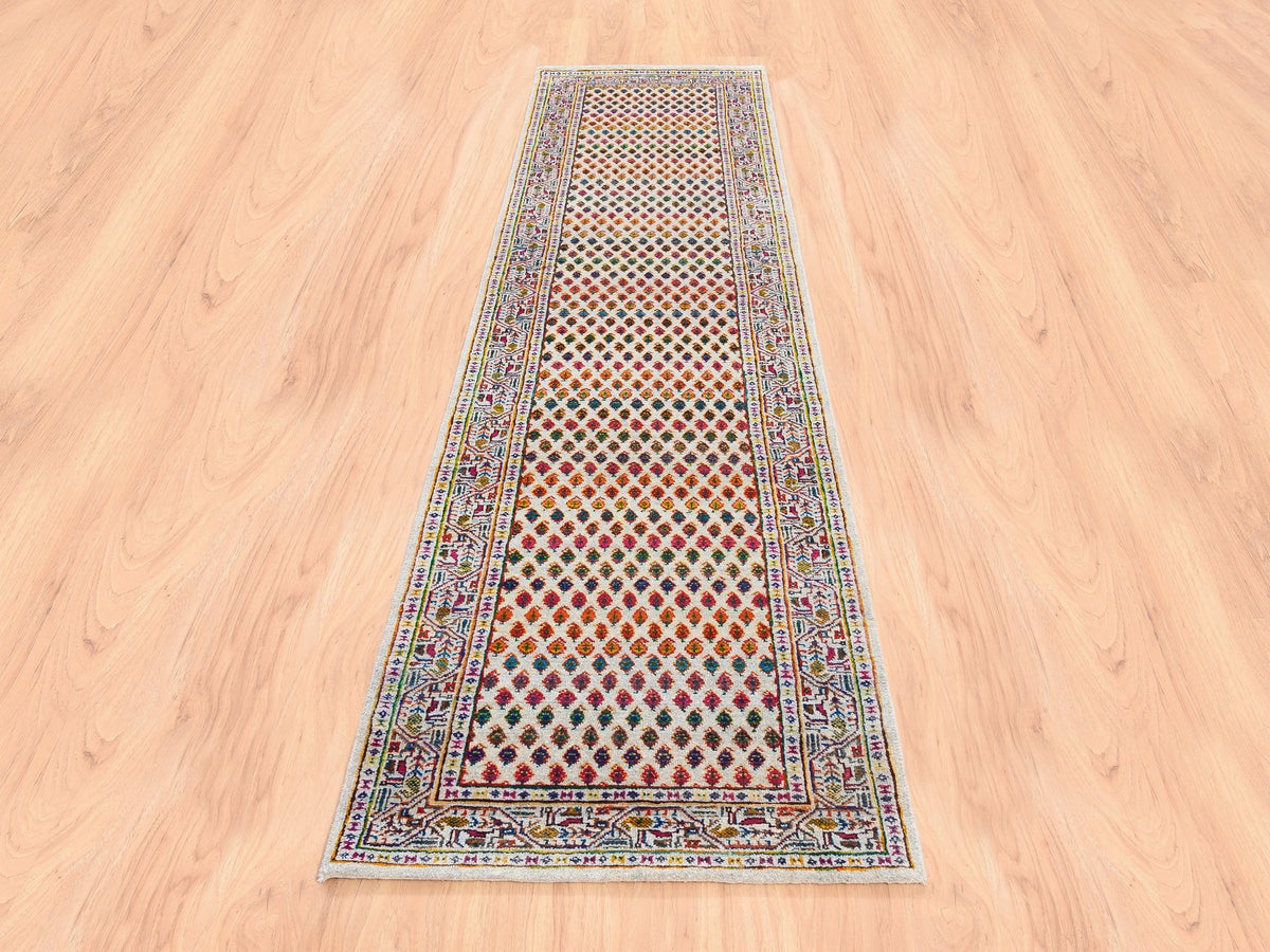 Sarouk Modern / Contemporary hand-knotted wool/sari silk runner in Beige, 2'4" x 10'2" — SKU O062330 (view 2)