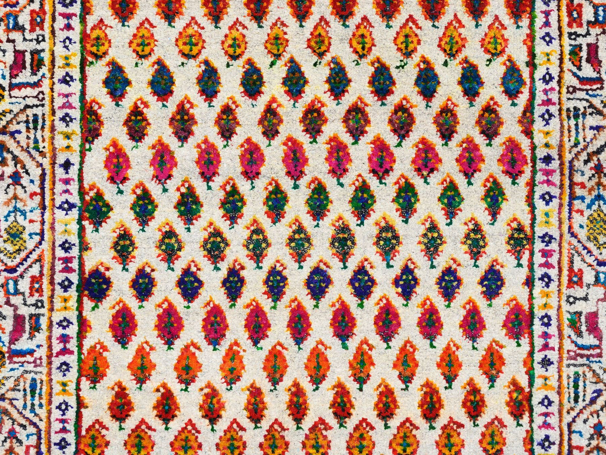 Sarouk Modern / Contemporary hand-knotted wool/sari silk runner in Beige, 2'4" x 10'2" — SKU O062330 (view 5)