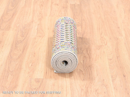 Sarouk Modern / Contemporary hand-knotted wool/sari silk runner in Beige, 2'4" x 10'2" — SKU O062330 (view 6)