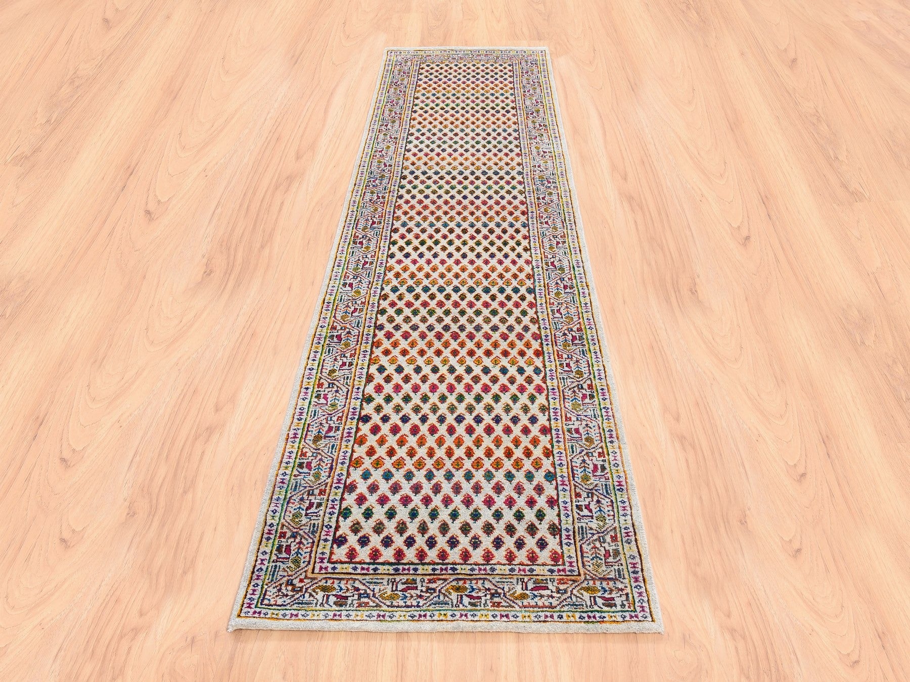 Sarouk Modern / Contemporary hand-knotted wool/sari silk runner in Beige, 2'4" x 10'2" — SKU O062338 (view 2)