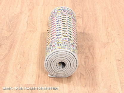 Sarouk Modern / Contemporary hand-knotted wool/sari silk runner in Beige, 2'4" x 10'2" — SKU O062338 (view 6)
