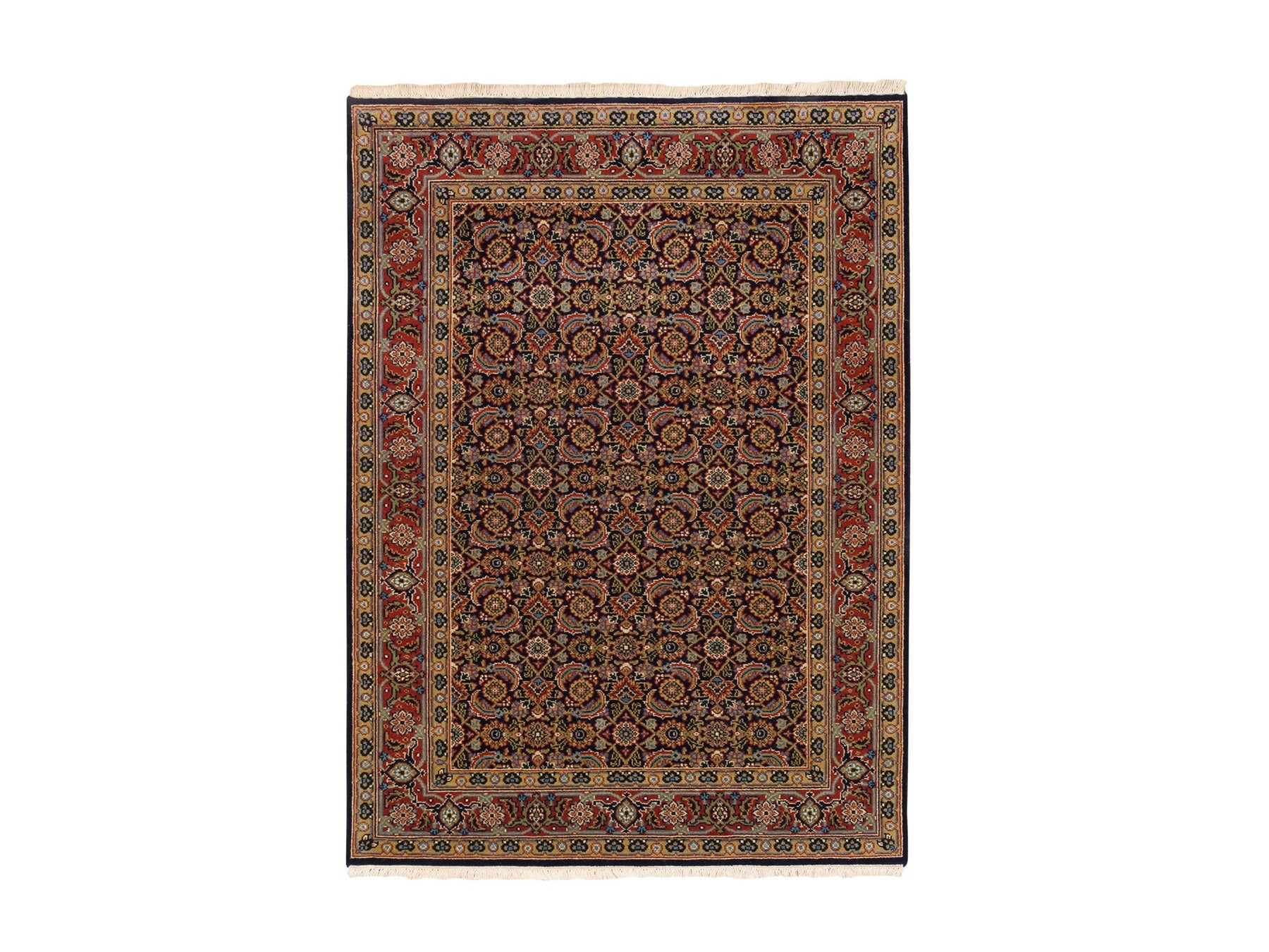 Fine Oriental hand-knotted wool/silk rug in Black & Red, 4' x 6' — SKU O062346