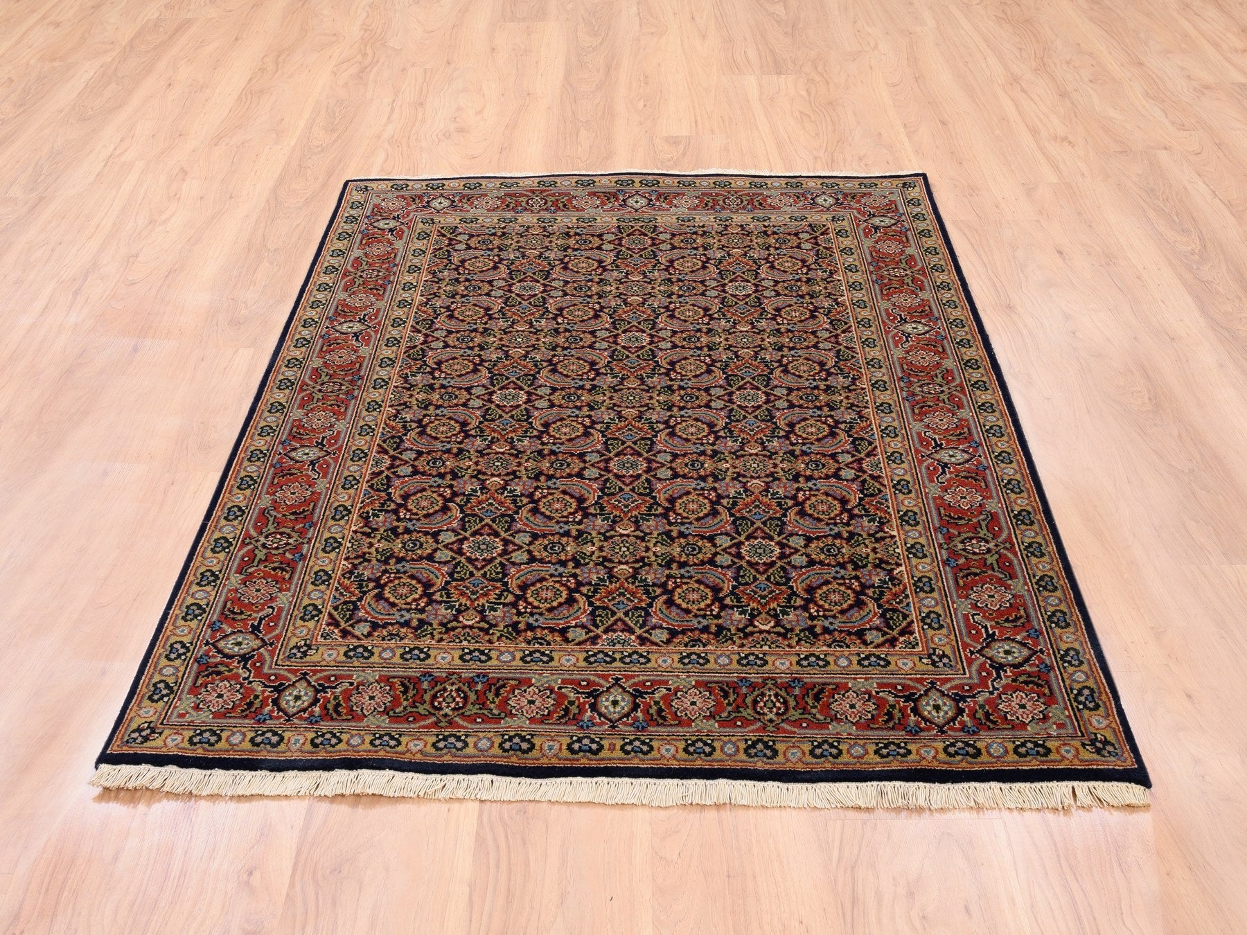 Fine Oriental hand-knotted wool/silk rug in Black & Red, 4' x 6' — SKU O062346 (view 2)