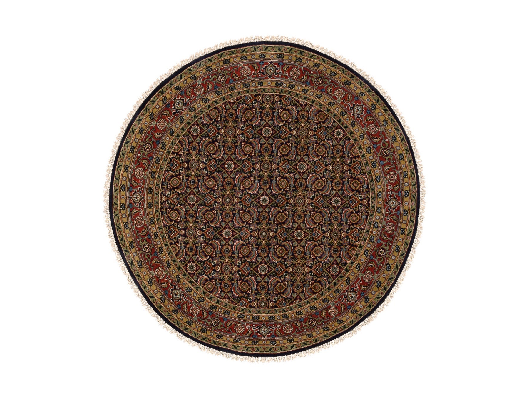 Fine Oriental hand-knotted wool/silk rug in Black & Red, 5'9" x 5'9" — SKU O062349