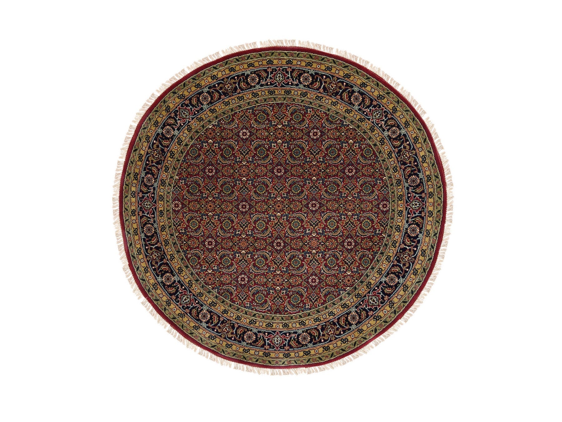 Fine Oriental hand-knotted wool/silk rug in Red & Navy Blue, 6' x 6'1" — SKU O062350