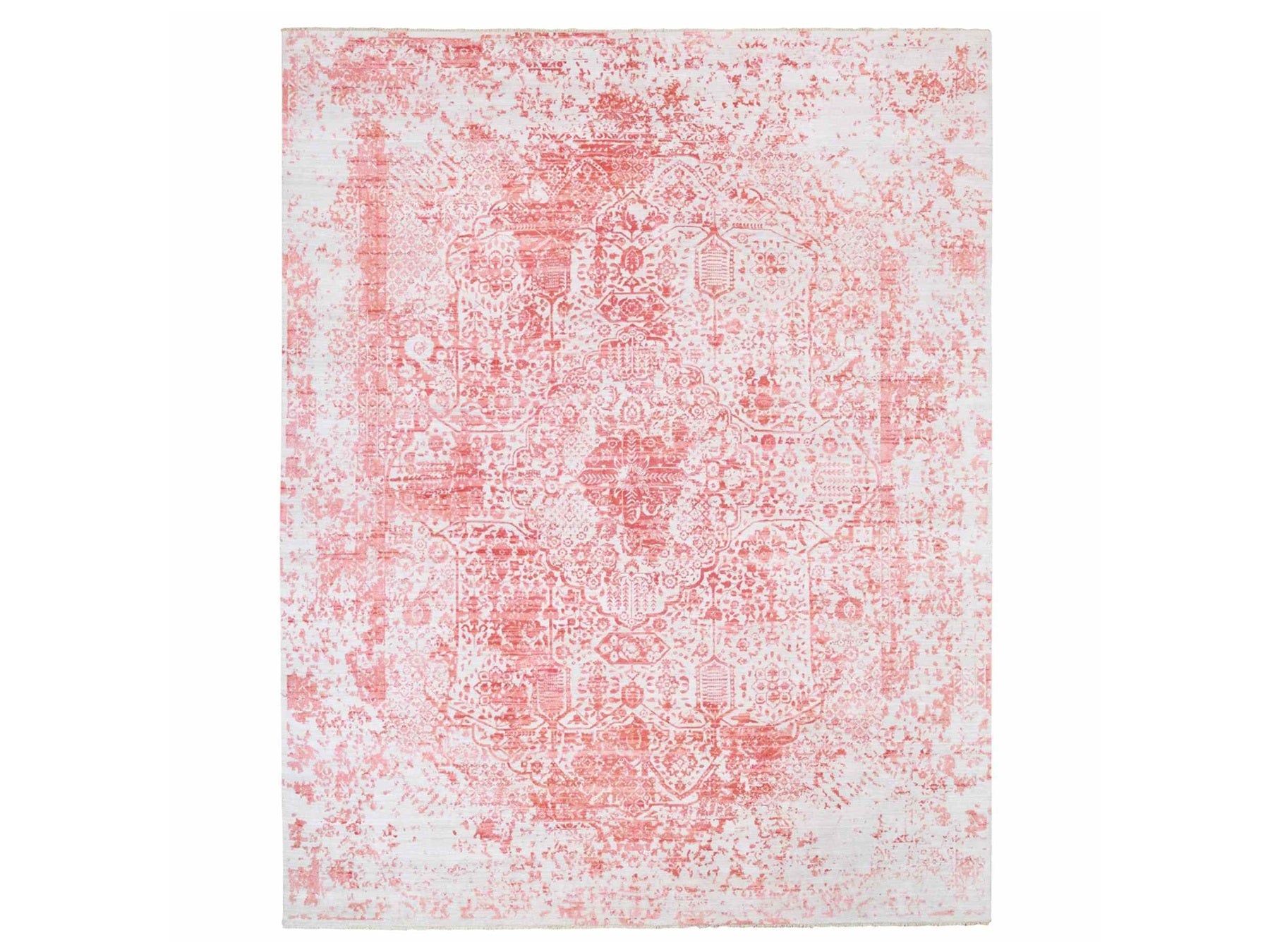 Transitional hand-knotted wool/pure silk rug in Pink, 12'2" x 15' — SKU O062356
