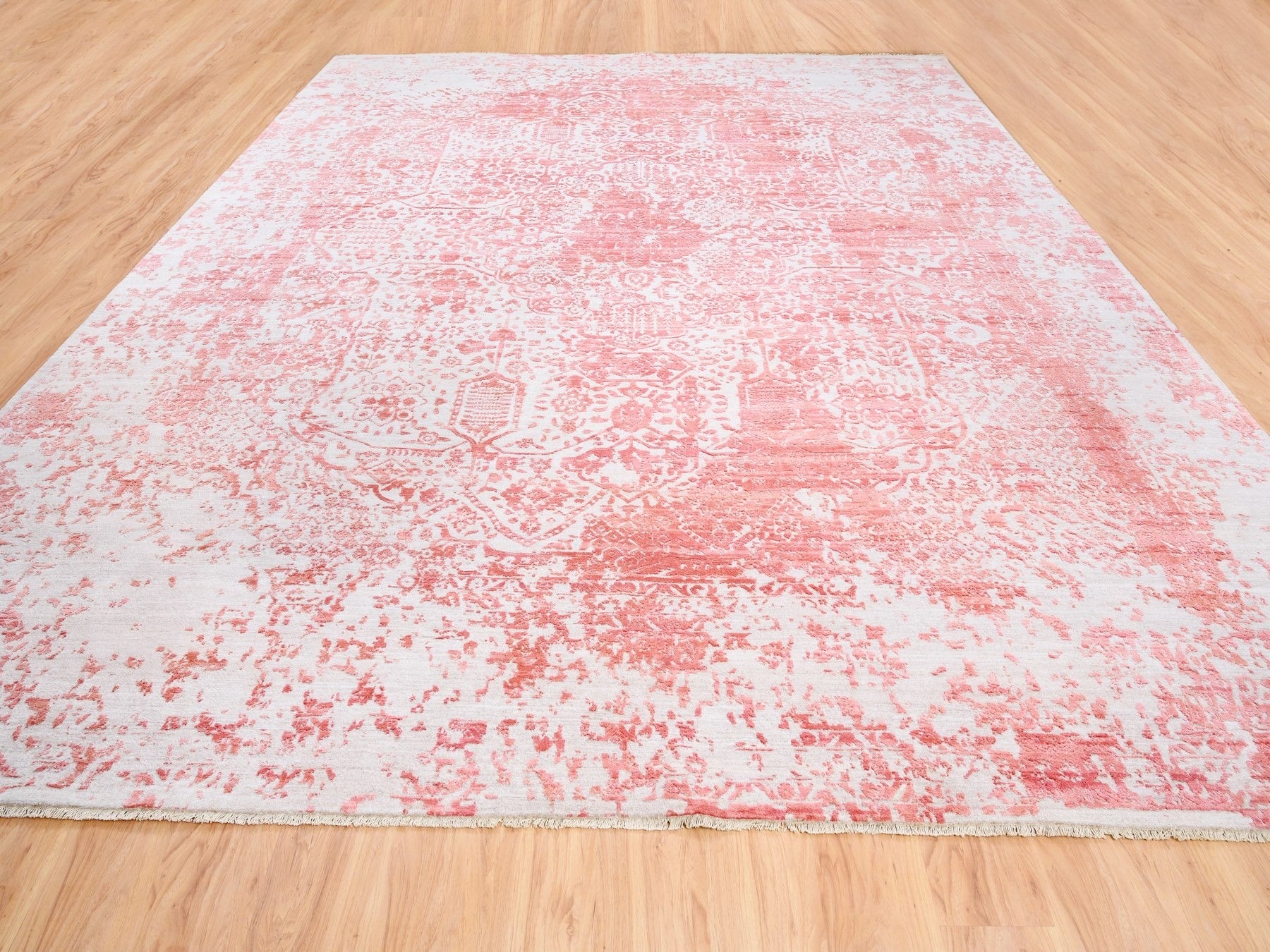 Pink 12'2" x 15'0" Transitional Hand knotted Wool/Silk Rug - Sku: O062356