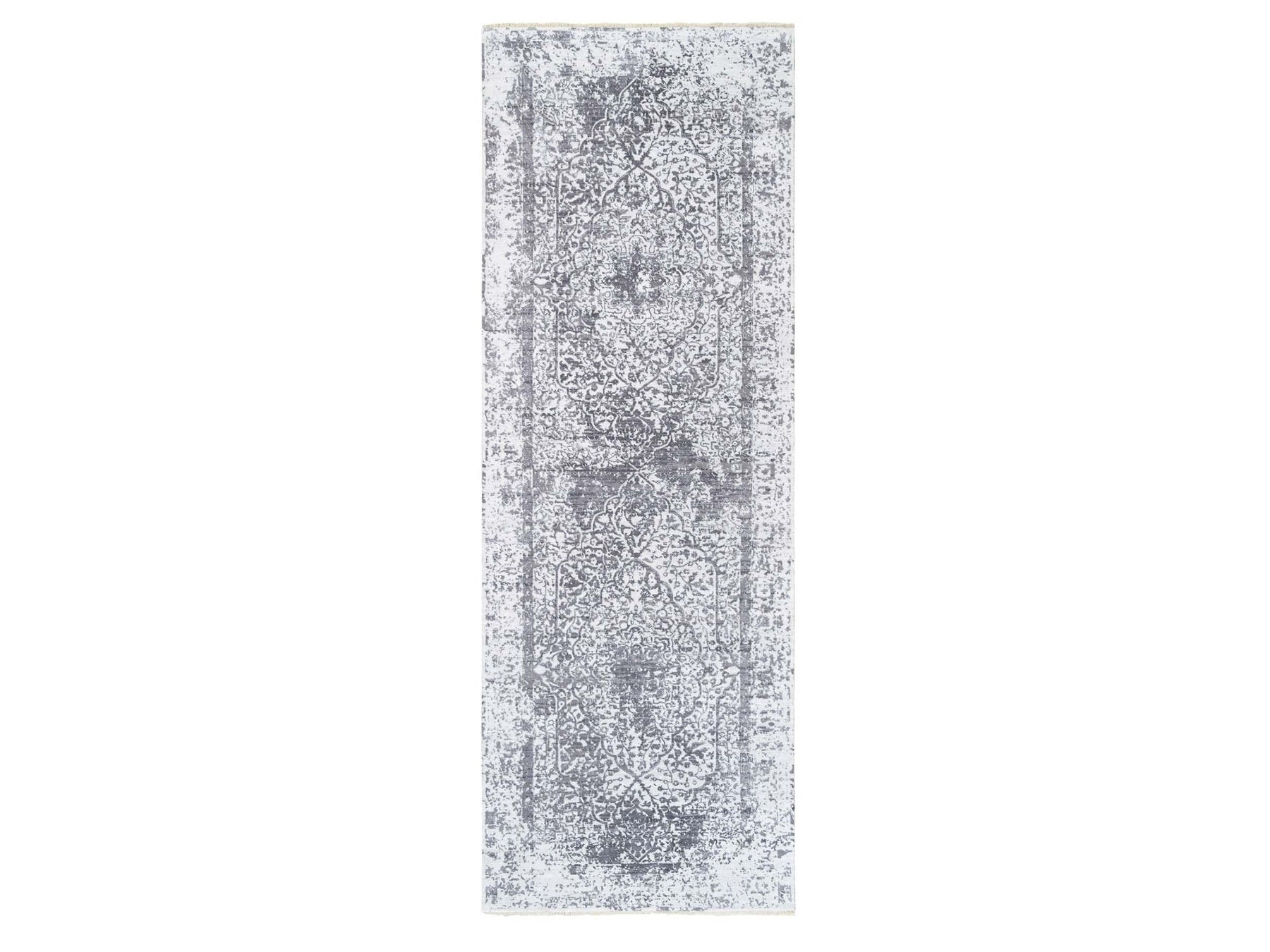 Gray 4'1" x 12'1" Transitional Hand knotted Wool/Silk Rug - Sku: O062367