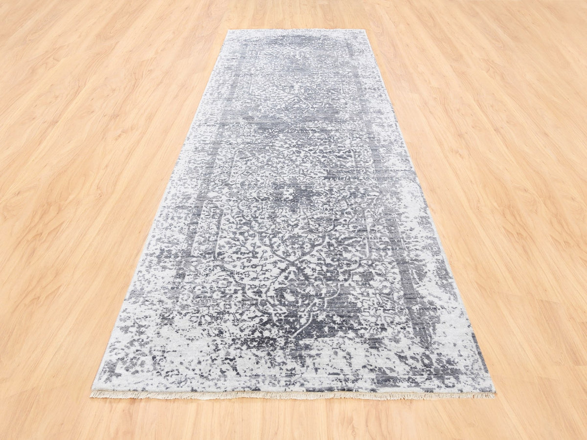 Transitional hand-knotted wool/pure silk runner in Gray, 4'1" x 12'1" — SKU O062367 (view 2)