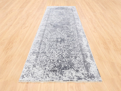 Transitional hand-knotted wool/pure silk runner in Gray, 4'1" x 12'1" — SKU O062367 (view 2)
