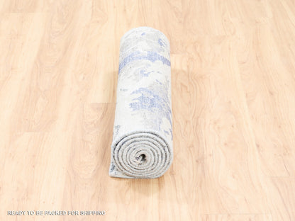 Grey 2'7" x 8'0" Modern / Contemporary Hand knotted Wool/Silk Rug - Sku: O062434