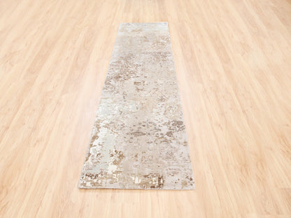Modern / Contemporary hand-knotted wool/silk runner in Beige, 2'9" x 10' — SKU O062437 (view 2)