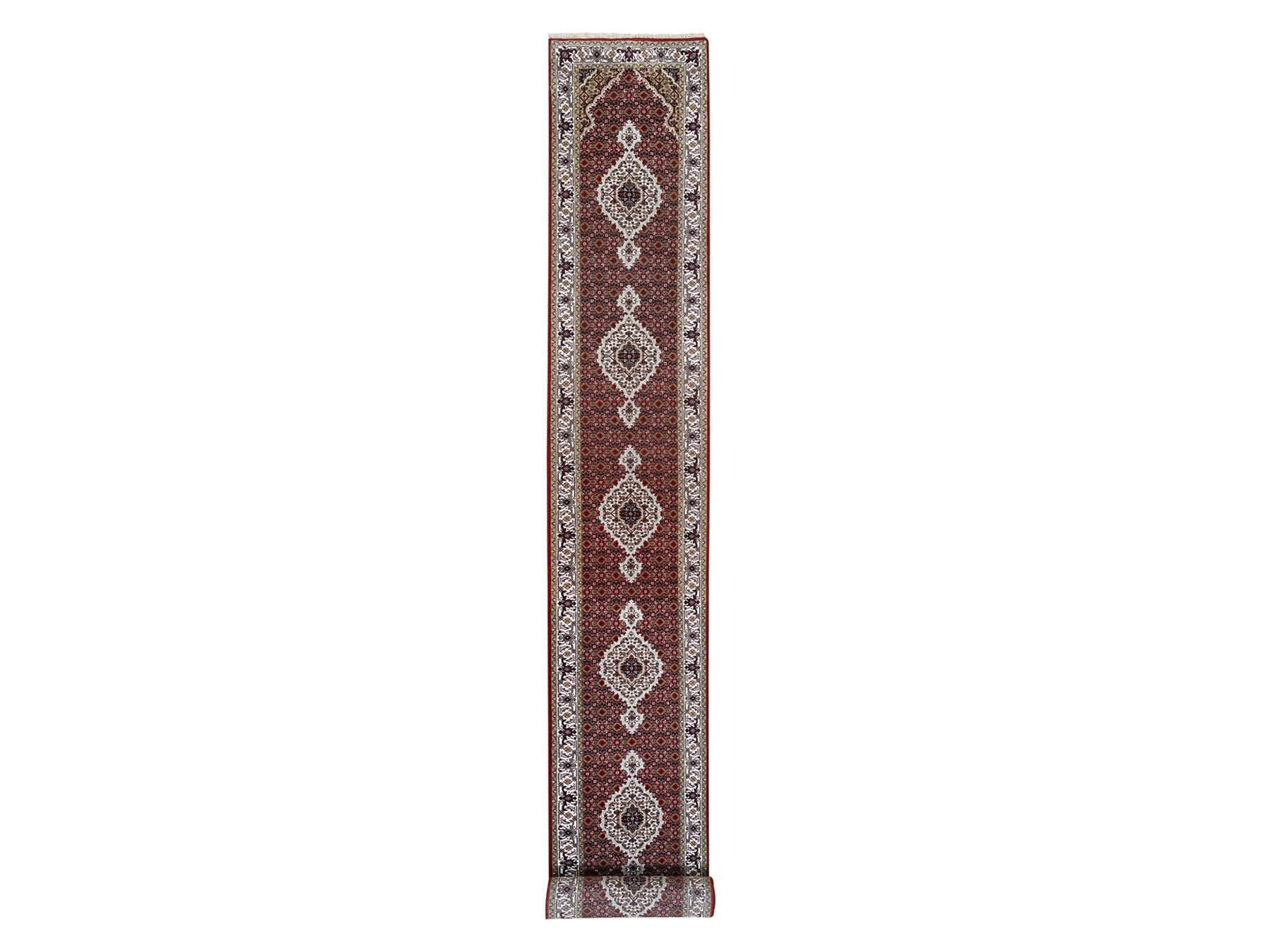 Tabriz Fine Oriental hand-knotted wool/silk runner in Red & Ivory, 2'6" x 16'3" — SKU O062509