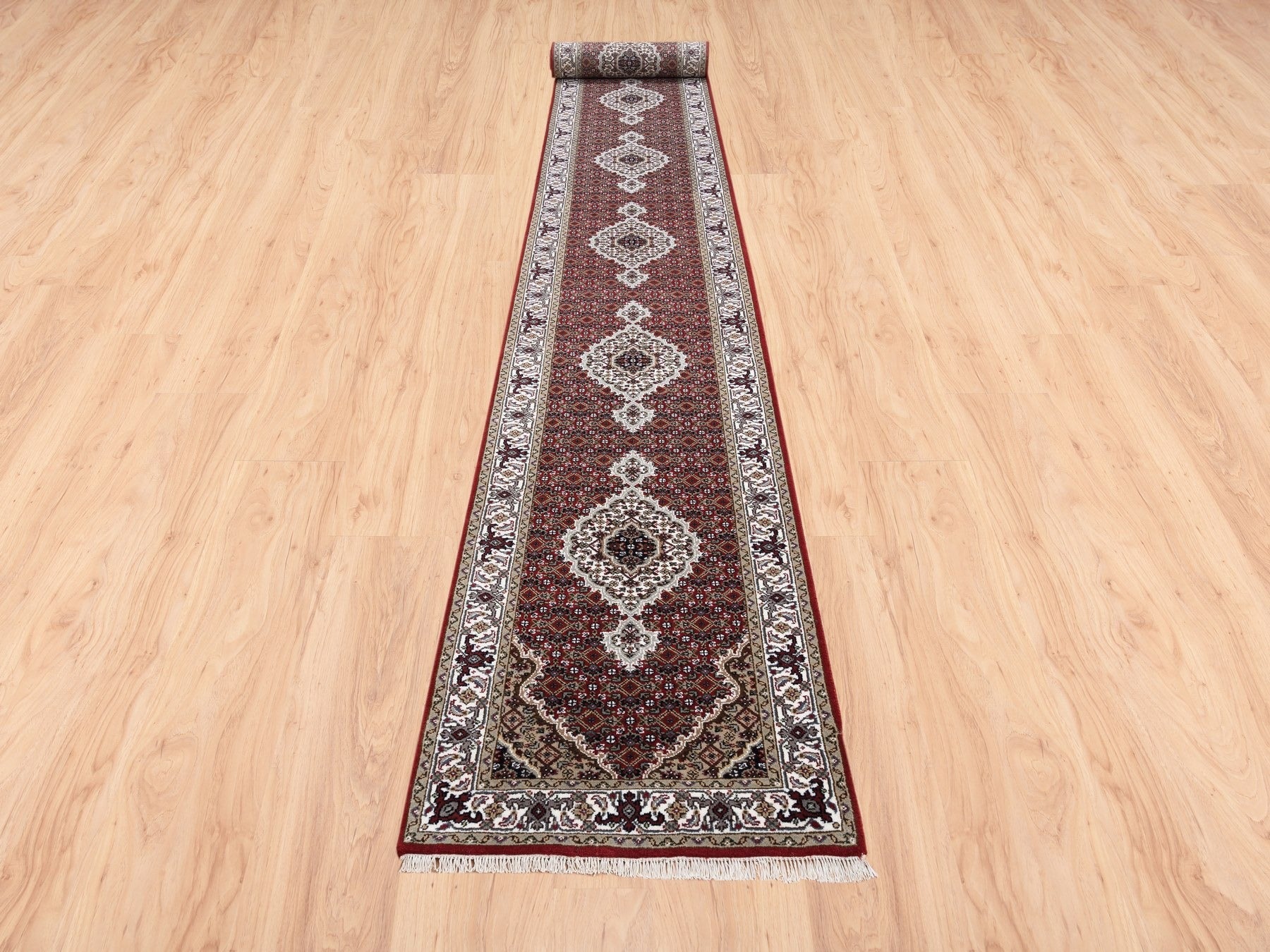 Tabriz Fine Oriental hand-knotted wool/silk runner in Red & Ivory, 2'6" x 16'3" — SKU O062509 (view 2)