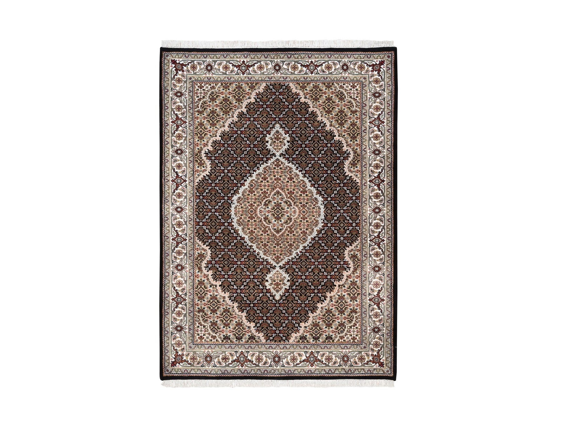 Tabriz Fine Oriental hand-knotted wool/silk rug in Black & Ivory, 4'2" x 6'1" — SKU O062569