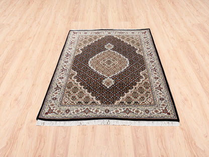 Tabriz Fine Oriental hand-knotted wool/silk rug in Black & Ivory, 4'2" x 6'1" — SKU O062569 (view 2)