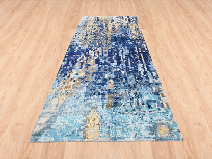 Blue 3'10" x 11'8" Modern and Contemporary Hand knotted Wool/Silk Rug - Sku: O062650