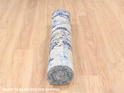 Blue 3'10" x 11'8" Modern and Contemporary Hand knotted Wool/Silk Rug - Sku: O062650