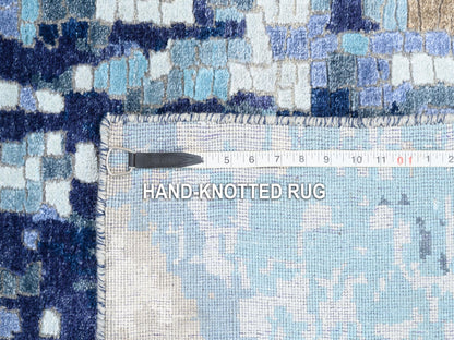Blue 3'10" x 11'8" Modern and Contemporary Hand knotted Wool/Silk Rug - Sku: O062650