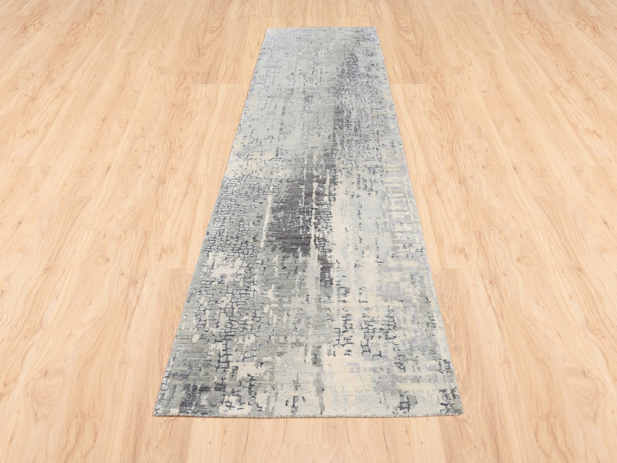 Modern / Contemporary hand-knotted wool/silk runner in Gray, 2'6" x 11'8" — SKU O062690 (view 2)