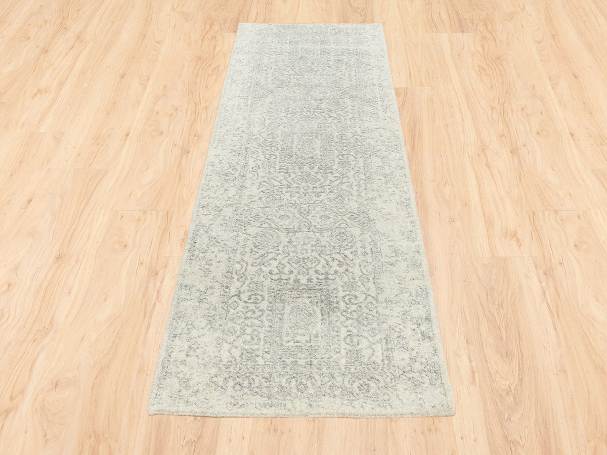 Modern / Contemporary hand-knotted wool/silk runner in Beige, 2'6" x 8' — SKU O062846 (view 2)
