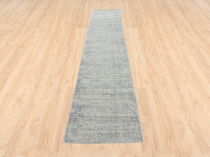 Grey 2'6" x 12'1" Modern / Contemporary Handloom Wool/Silk Rug - Sku: O062853