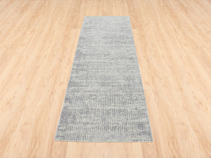 Grey 2'6" x 8'0" Modern / Contemporary Handloom Wool/Silk Rug - Sku: O062860
