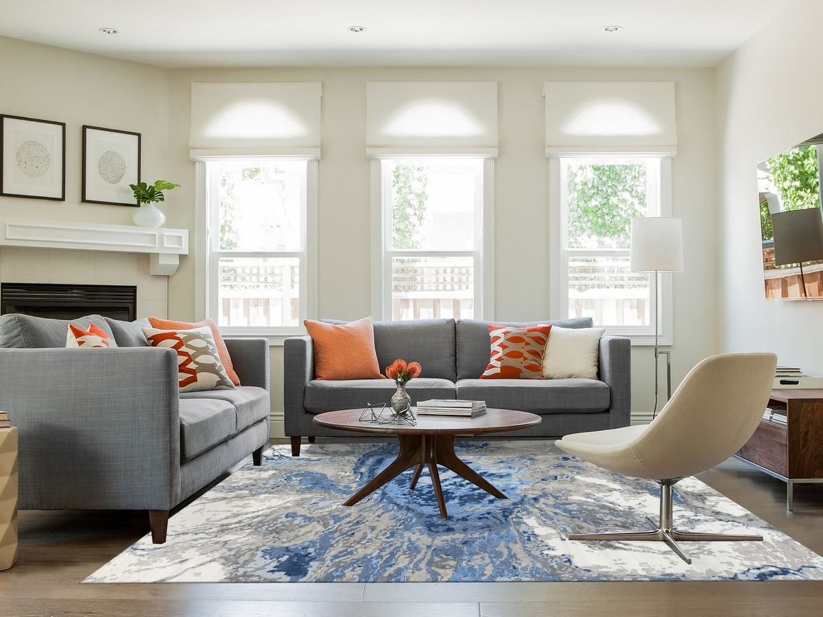 Modern / Contemporary hand-knotted wool/silk rug in Blue, 10' x 10'1" — SKU O062878 (view 2)