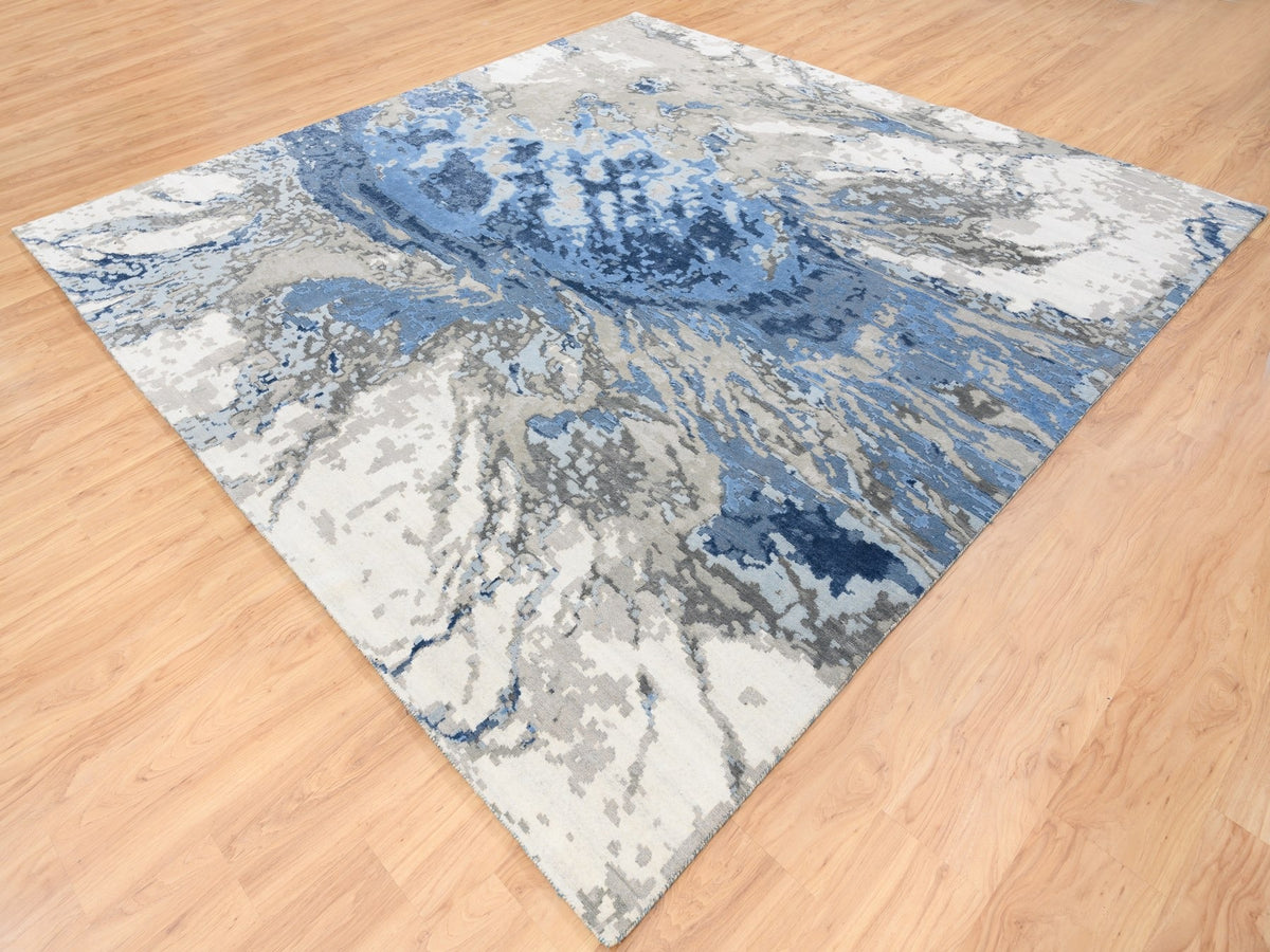 Modern / Contemporary hand-knotted wool/silk rug in Blue, 10' x 10'1" — SKU O062878 (view 4)