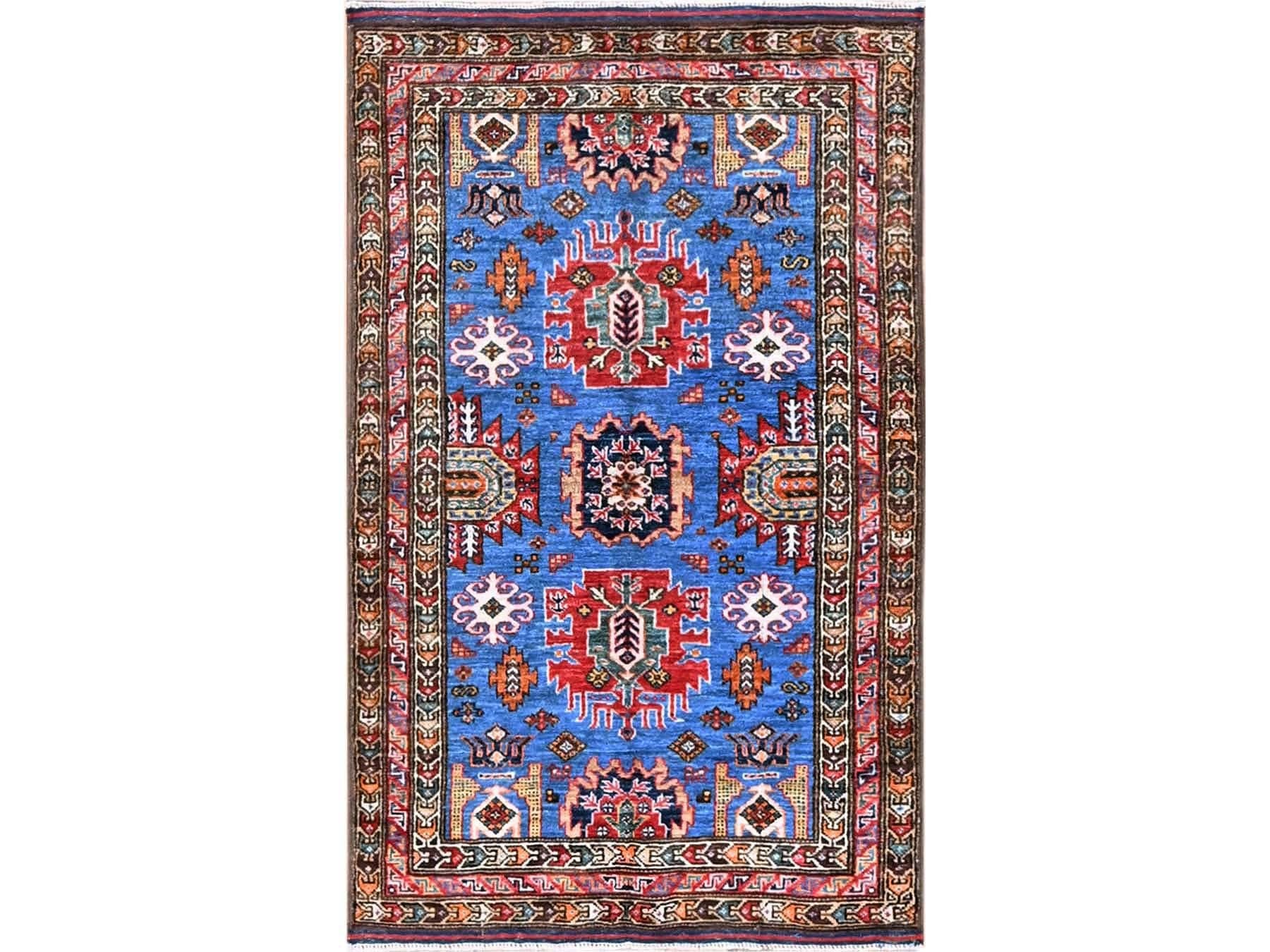 Ersari Kazak hand-knotted wool rug in Blue & Multicolor, 2'10" x 4'6" — SKU O0628