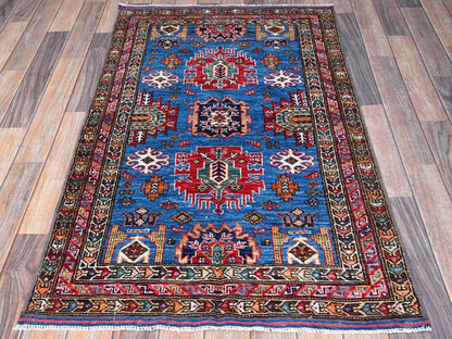 Blue 2'10" x 4'6" Kazak Hand knotted Wool Rug - Sku: O0628