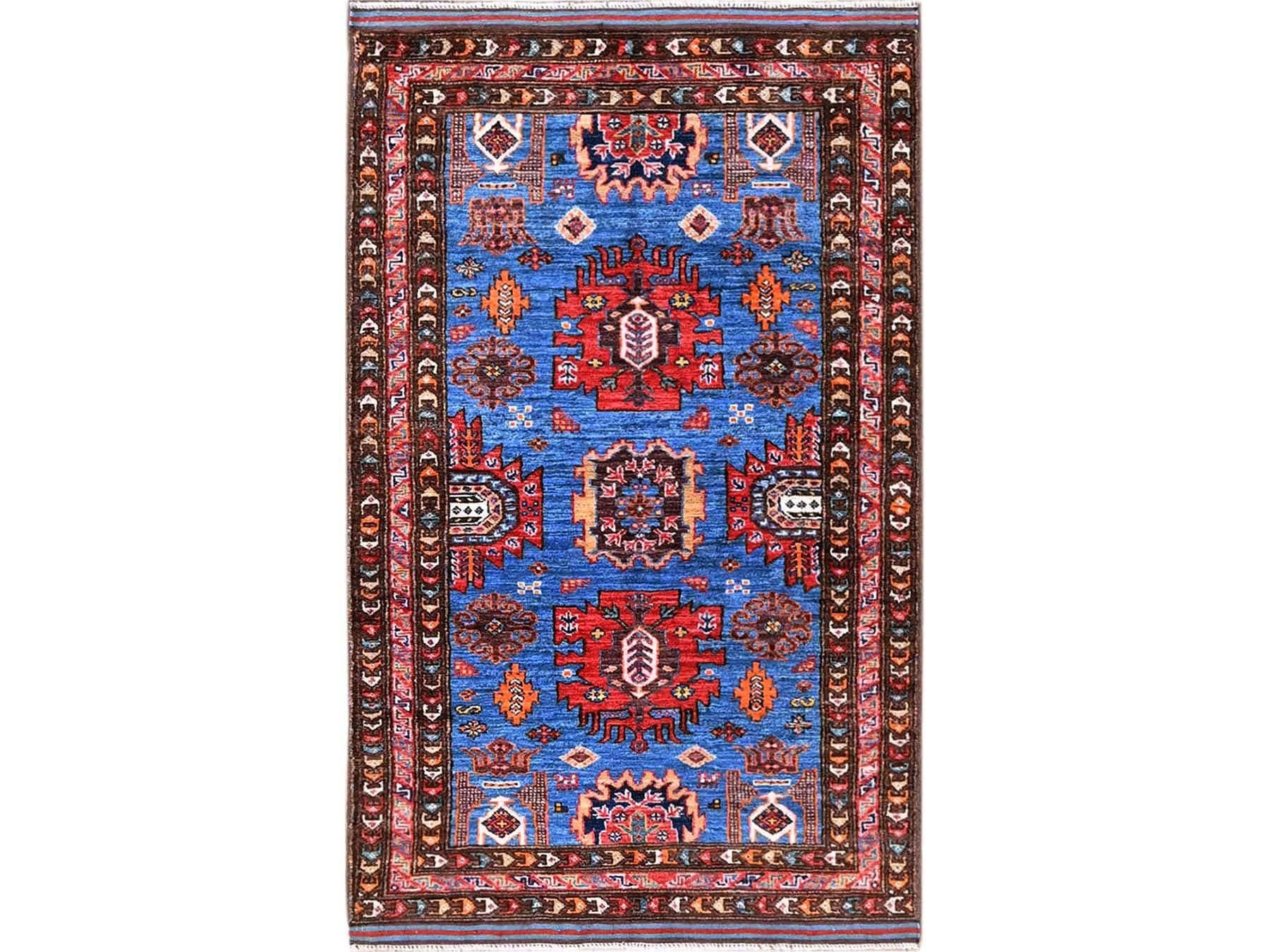 Ersari Kazak hand-knotted wool rug in Blue & Multicolor, 2'10" x 4'9" — SKU O0629
