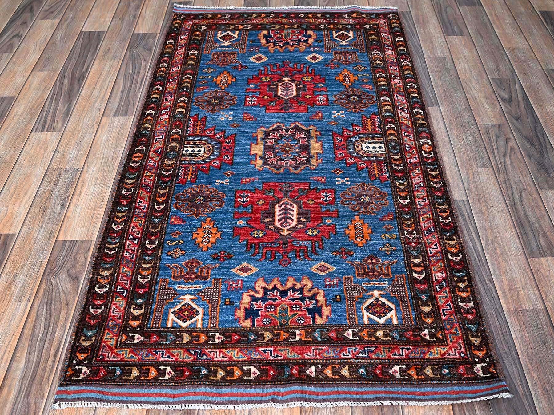 Ersari Kazak hand-knotted wool rug in Blue & Multicolor, 2'10" x 4'9" — SKU O0629 (view 2)