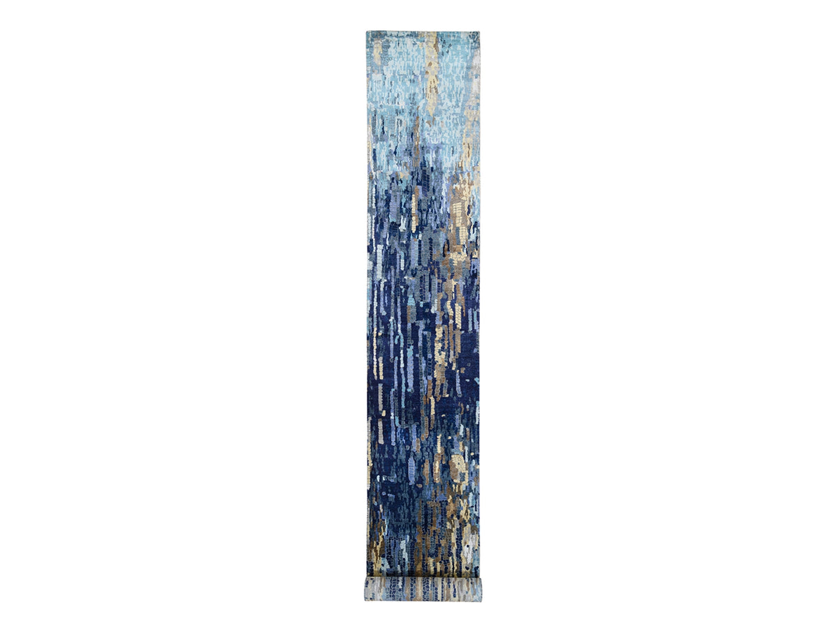 Modern / Contemporary hand-knotted wool/silk runner in Blue, 2'7" x 19'7" — SKU O063058