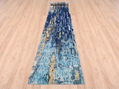 Modern / Contemporary hand-knotted wool/silk runner in Blue, 2'7" x 19'7" — SKU O063058 (view 2)