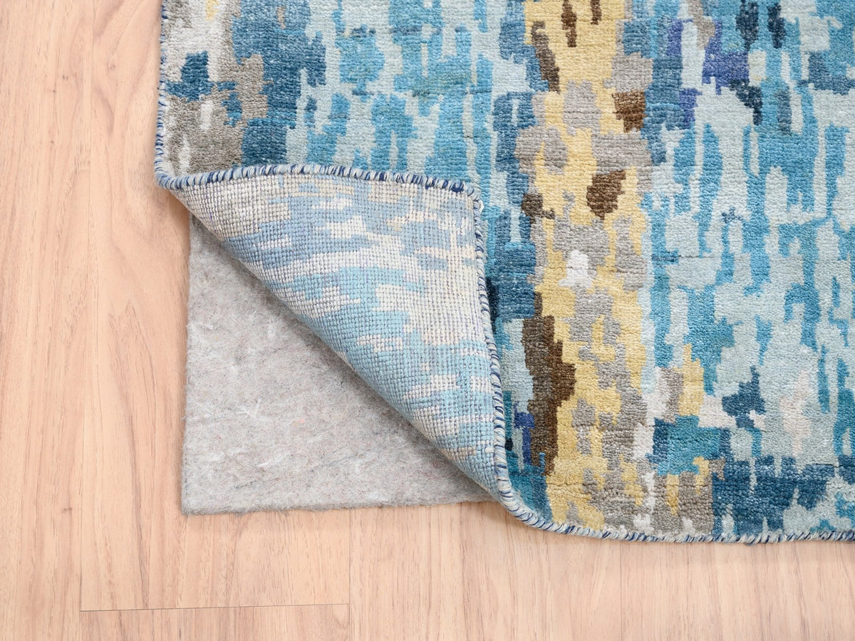 Modern / Contemporary hand-knotted wool/silk runner in Blue, 2'7" x 19'7" — SKU O063058 (view 3)