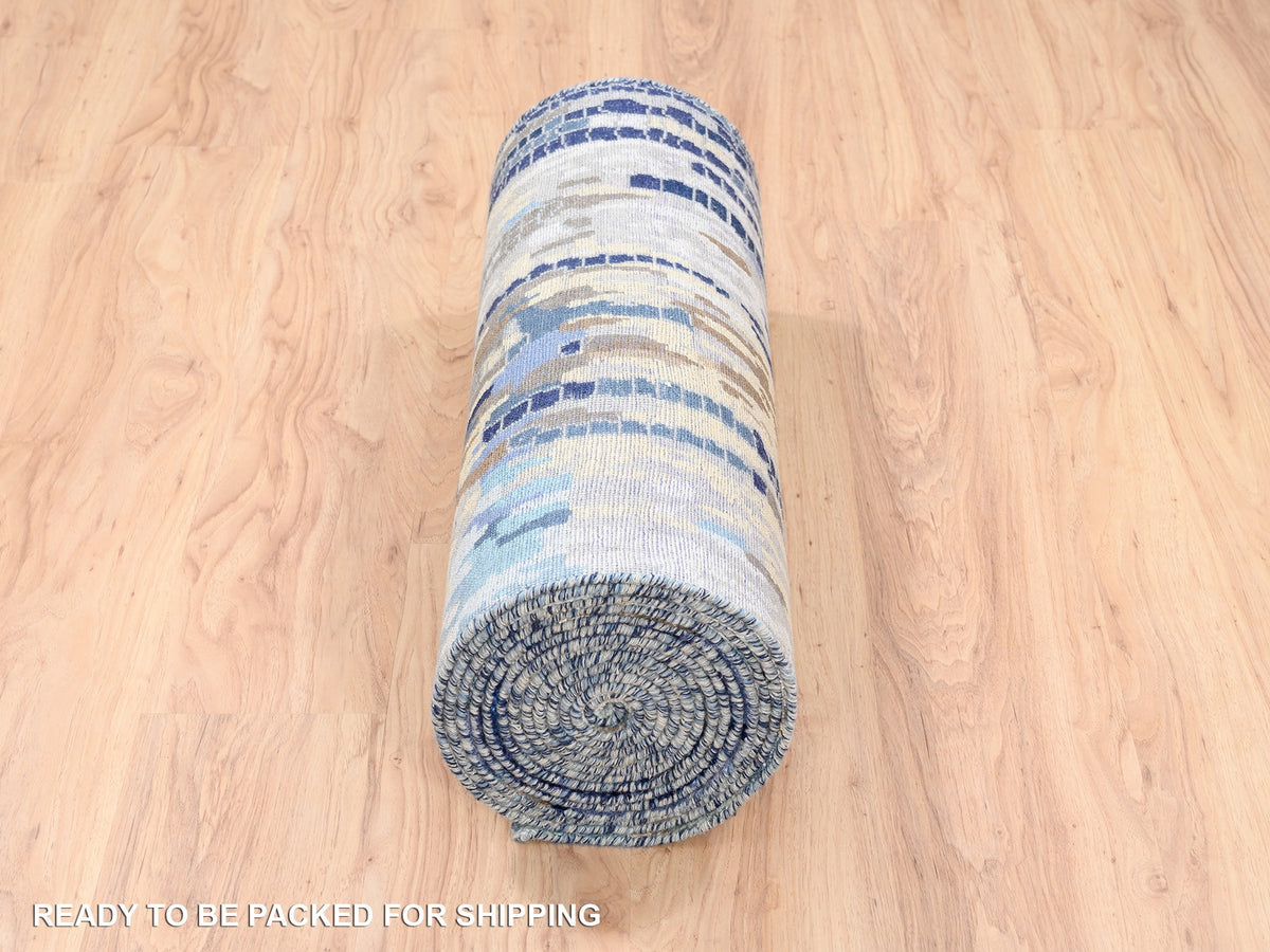 Modern / Contemporary hand-knotted wool/silk runner in Blue, 2'7" x 19'7" — SKU O063058 (view 6)